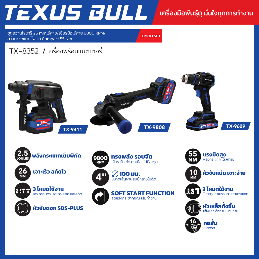 TEXUS BULL Combo Set ชุดเครื่องมือว่านโรตารี่ เครื่องเจียรและสว่านกระแทกไร้สาย พร้อมอุปกรณ์เสริมครบชุด 52 รุ่น TX-8352 - Image 2