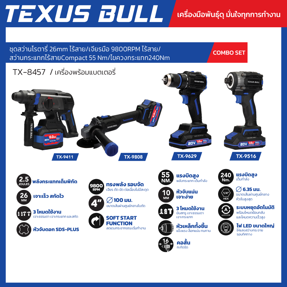TEXUS BULL Combo Set ชุดเครื่องมือไฟฟ้า สว่านโรตารี/เครื่องเจียร/สว่านกระแทก/เครื่องขันสกรู ไร้สาย รุ่น TX-8457 - Image 2
