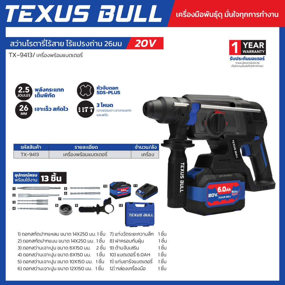 TEXUS BULL 20V สว่านโรตารี่ไร้สาย ไร้แปรงถ่าน (เครื่องพร้อมเเบตเตอรี่) อุปกรณ์13ชิ้น รุ่น TX-9413 - Image 2
